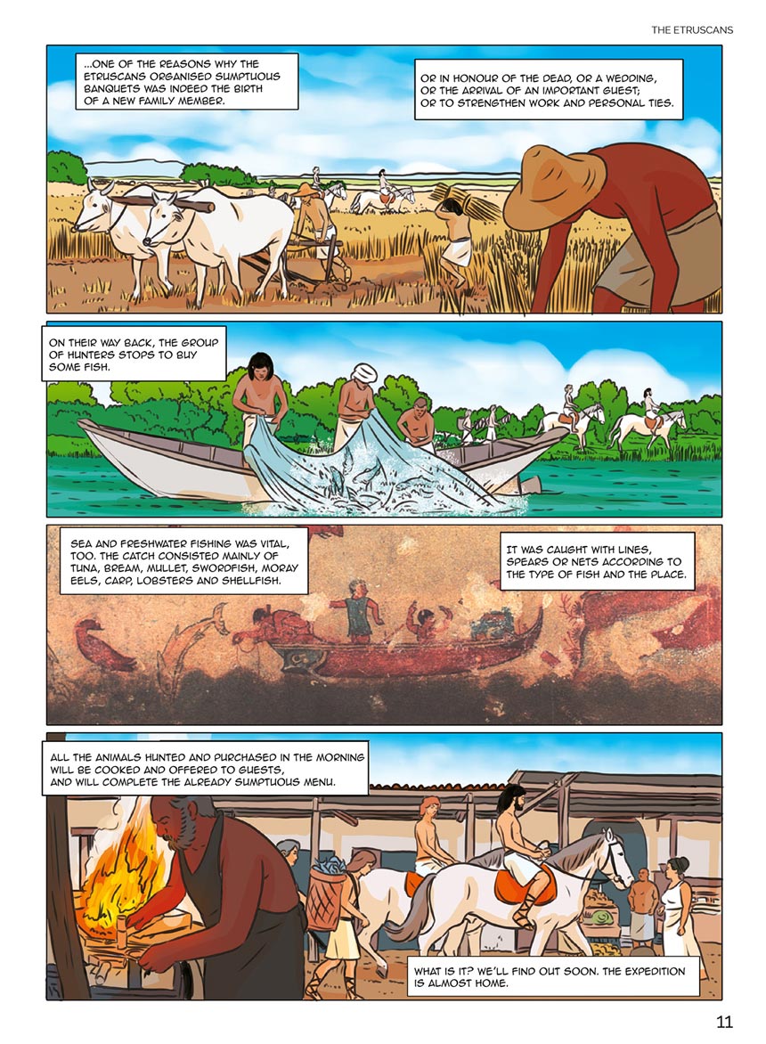 Tavola interna della graphic novel che mostra etruschi al lavoro nei campi per la coltivazione