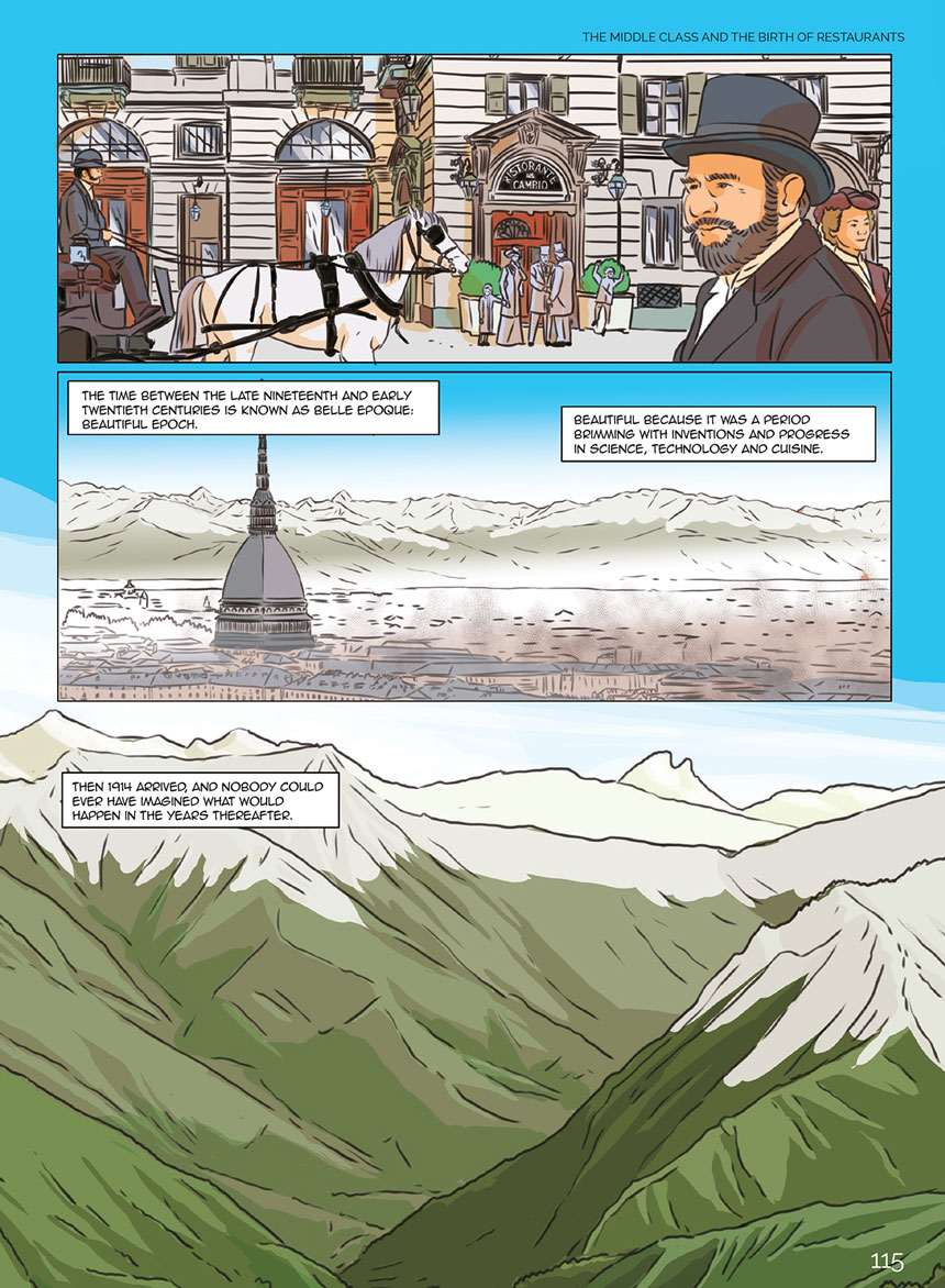 Tavola interna della graphic novel che mostra la nascita dei primi ristoranti a Torino
