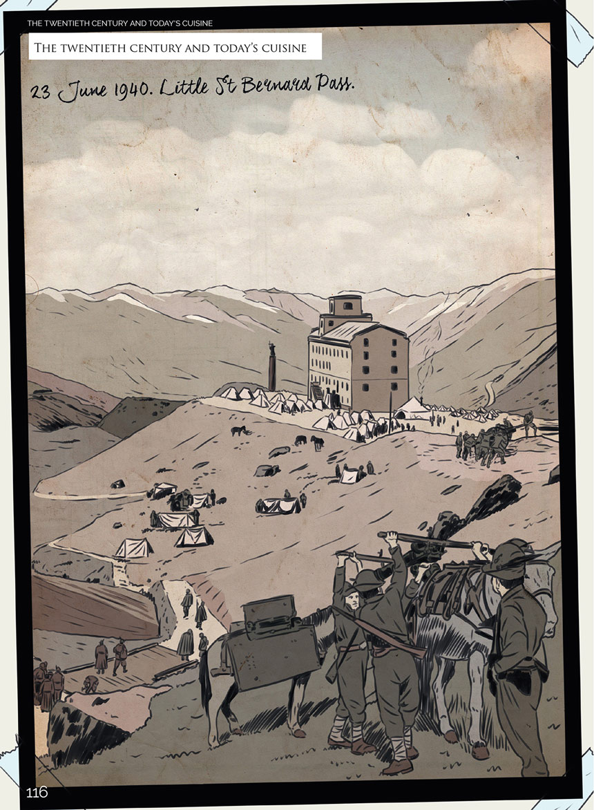 Tavola interna della graphic novel che mostra il passo di S. Bernardo nel 1940, con militari impegnati in approvigionamenti vari