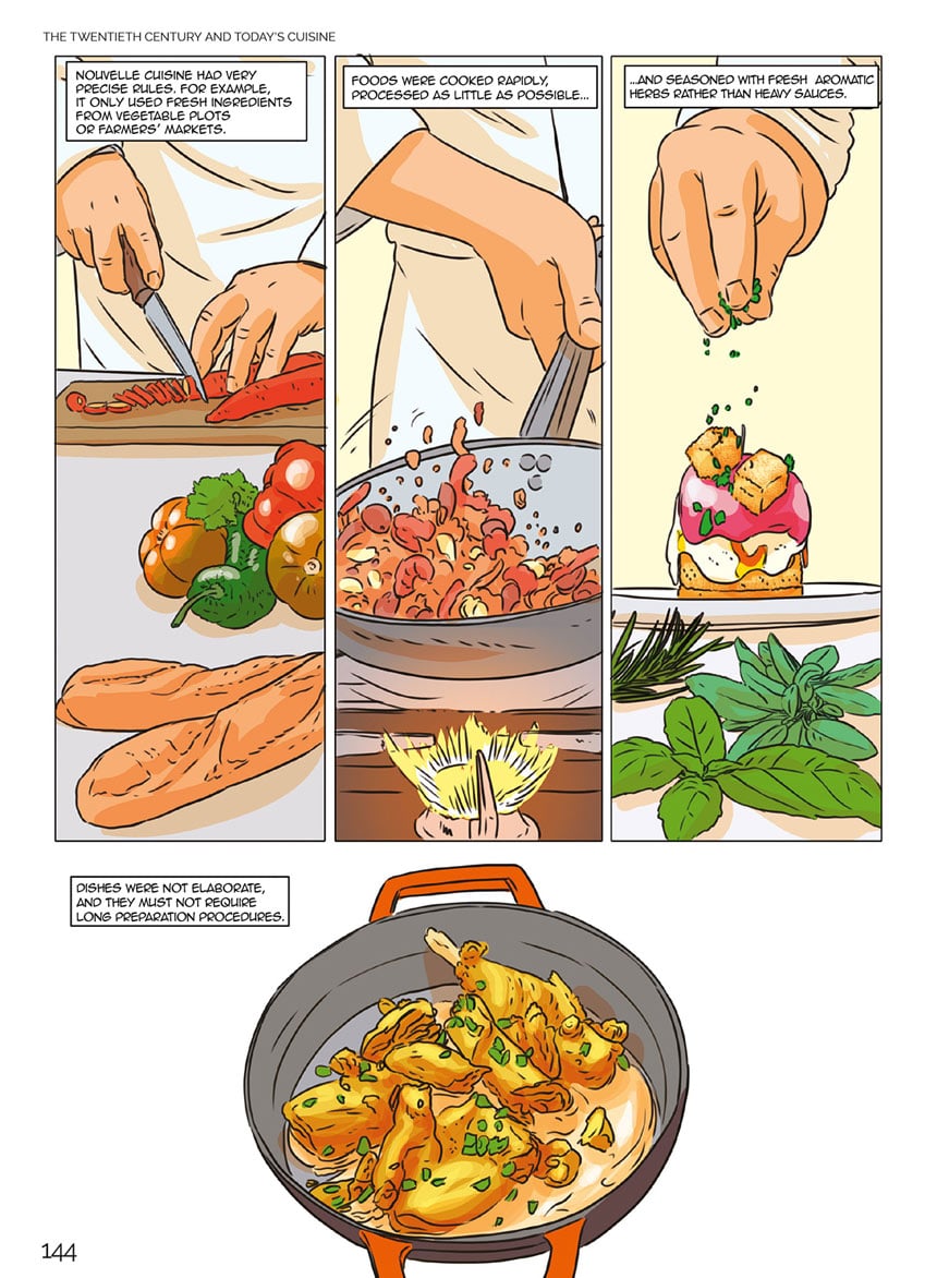 Tavola interna della graphic novel che mostra la preparazione di un piatto di alta cucina italiana