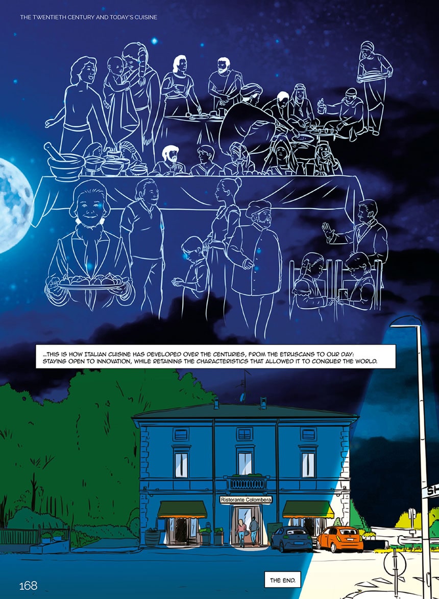 Tavola interna della graphic novel che mostra l'entrata di un tipico locale odierno e sopra di esse, nel cielo, tutta l'evoluzione che ha portato a questo risultato