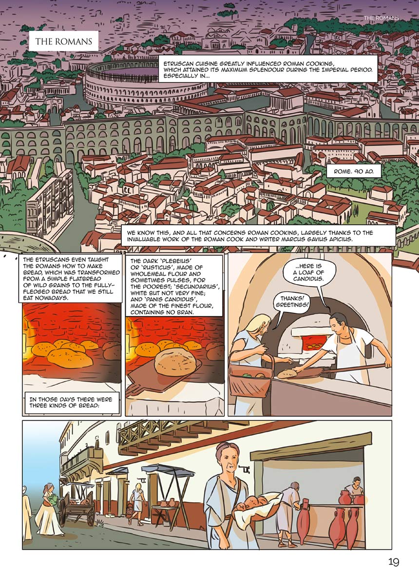 Tavola interna della graphic novel che mostra la vita romana alla base della cucina italiana