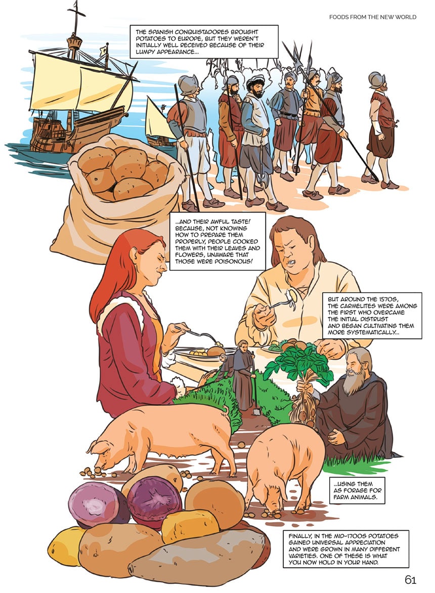 Tavola interna della graphic novel che mostra la compravendita di materie prime che costituiscono la base della cucina italiana nei suoi albori