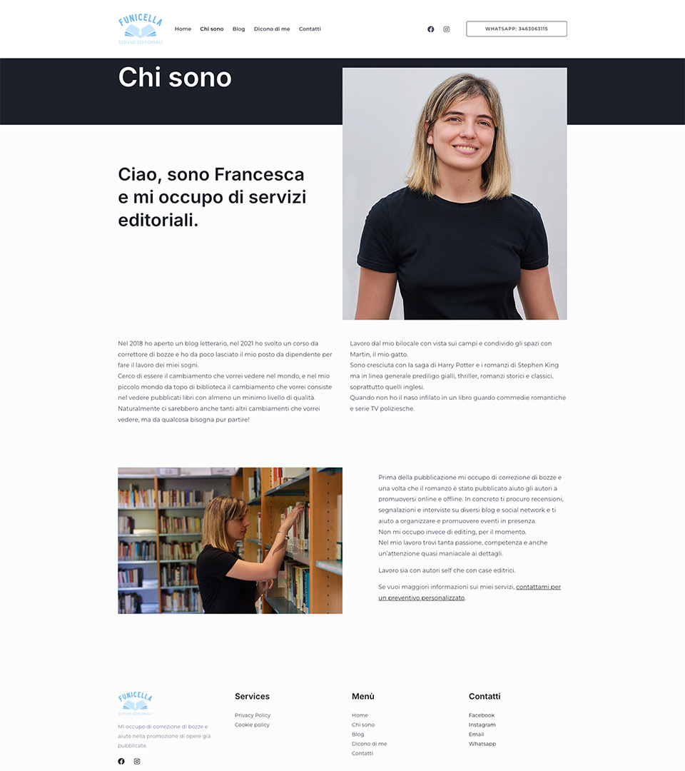 In questa pagina del sito web si vede una foto di Francesca, la sua presentazione e un'altra foto in cui è al lavoro con i libri