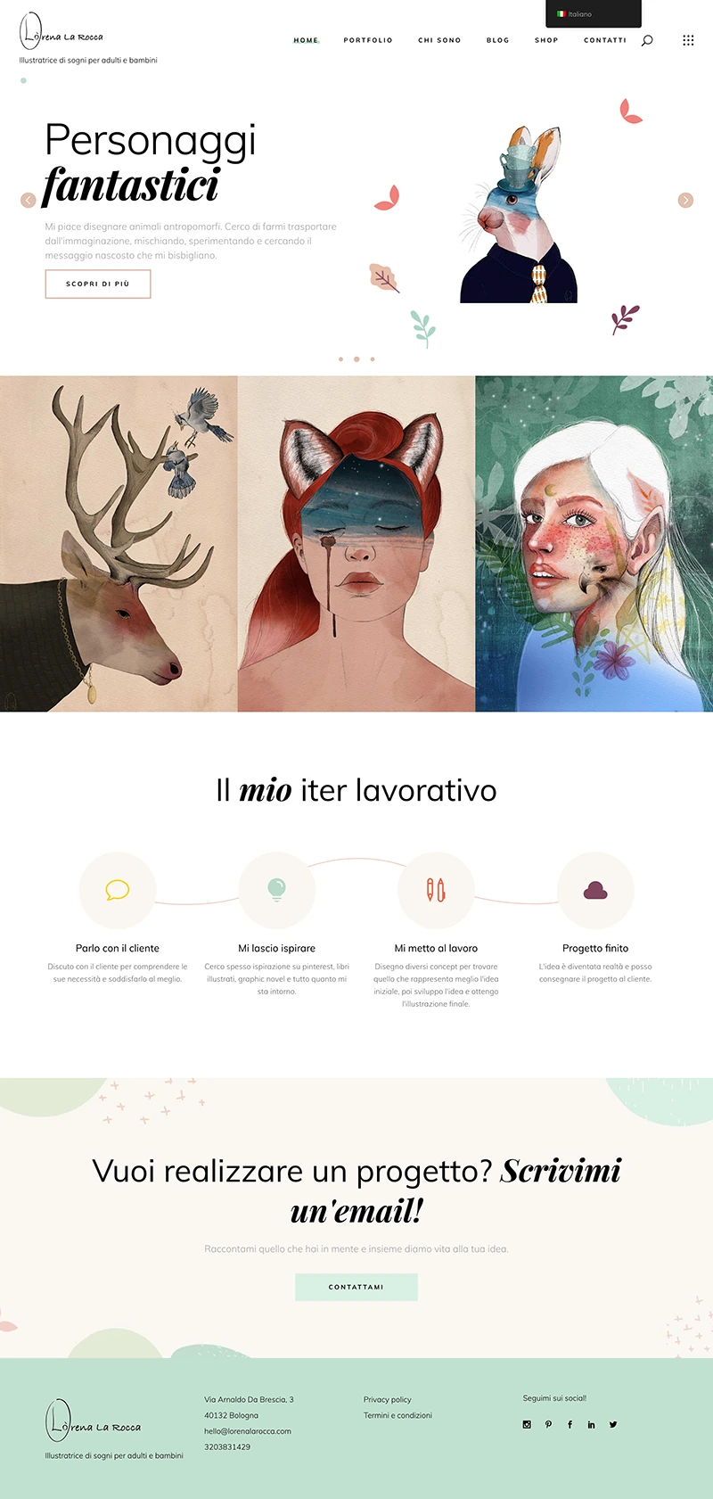 Lo screenshot della home page con alcune illustrazioni di animali antropomorfi e ritratti di ragazze