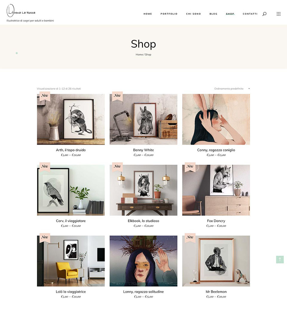 Lo shop che mostra le illustrazioni acquistabili digitalmente o con cornice, con esempi in diversi ambienti