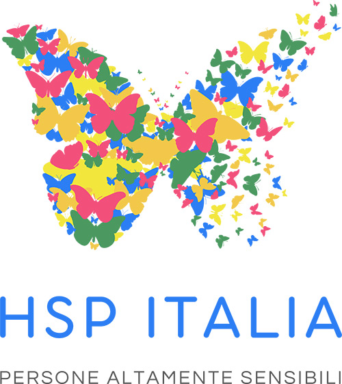 Una farfalla composta da tante piccole farfalle di diversi colori e la scritta HSP ITALIA - persone altamente sensibili