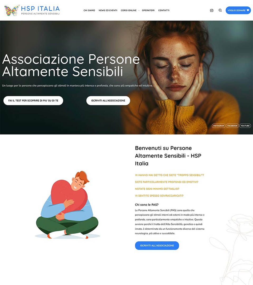 Lo screenshot di home page che mostra una ragazza con il viso tra le mani e un'illustrazione di un ragazzo con un cuore in mano